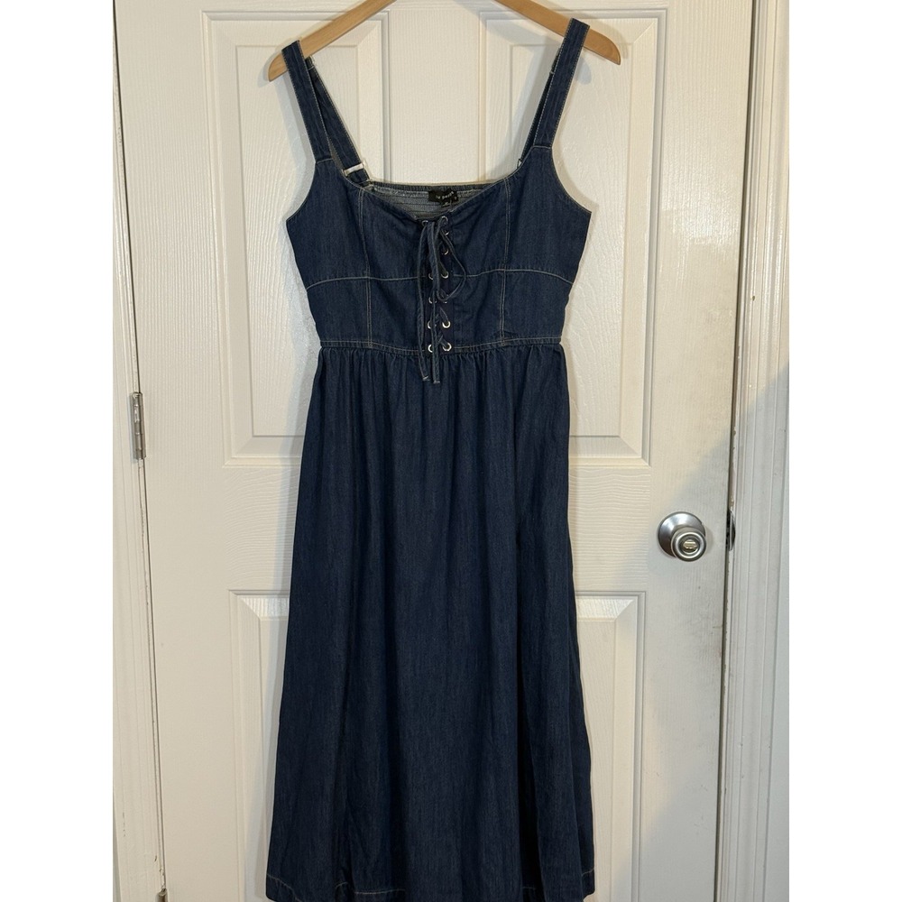 Blu pepper Lace Up Denim Boho Prairie Maxi sleeveless Dress M pockets cotton